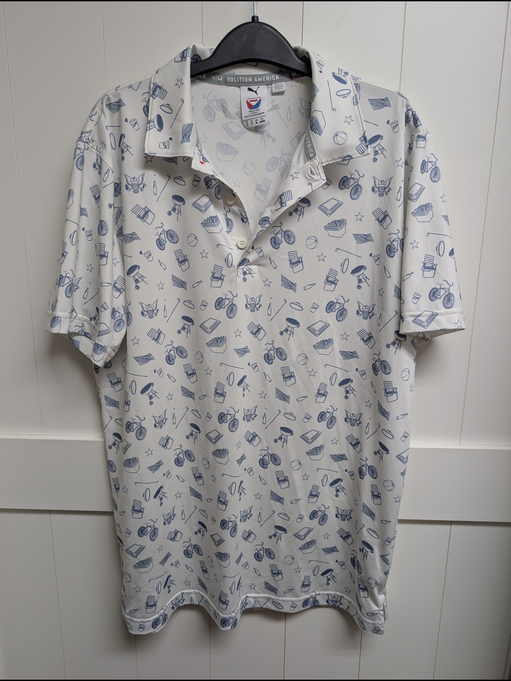 Men's Volition America Puma White Polo with Blue Icon Print